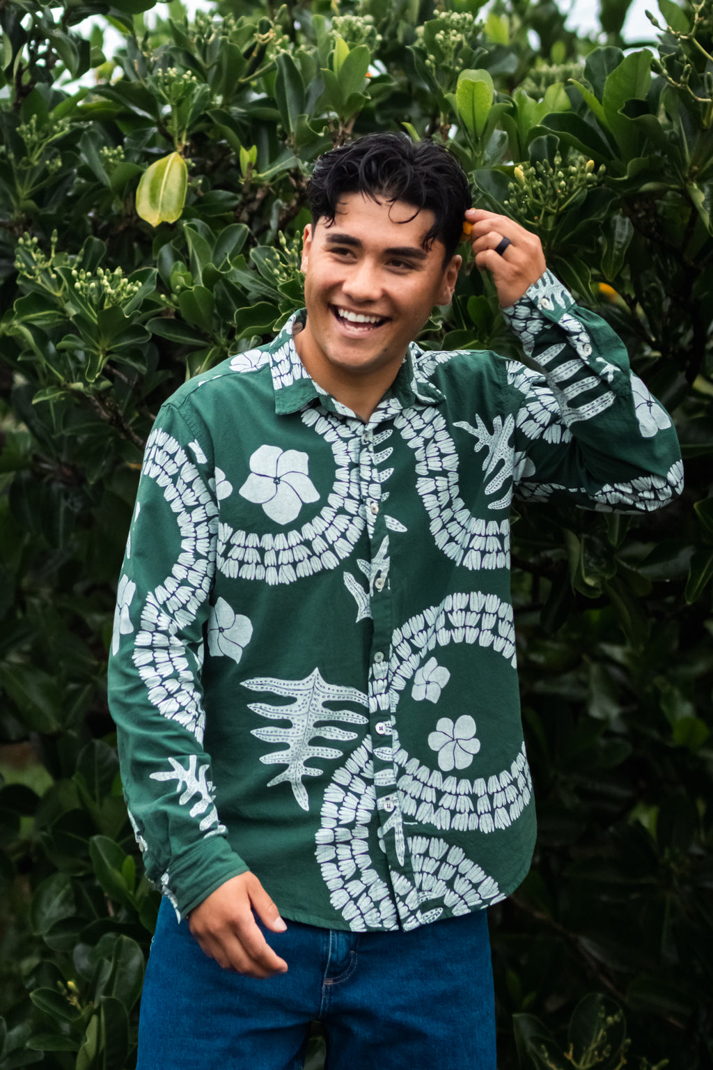 He Aloha no Tahiti | Long-sleeve Aloha Shirt - dark green