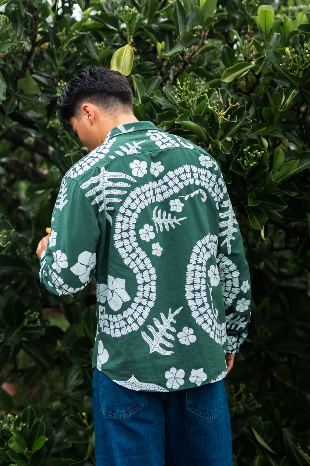 He Aloha no Tahiti | Long-sleeve Aloha Shirt - dark green